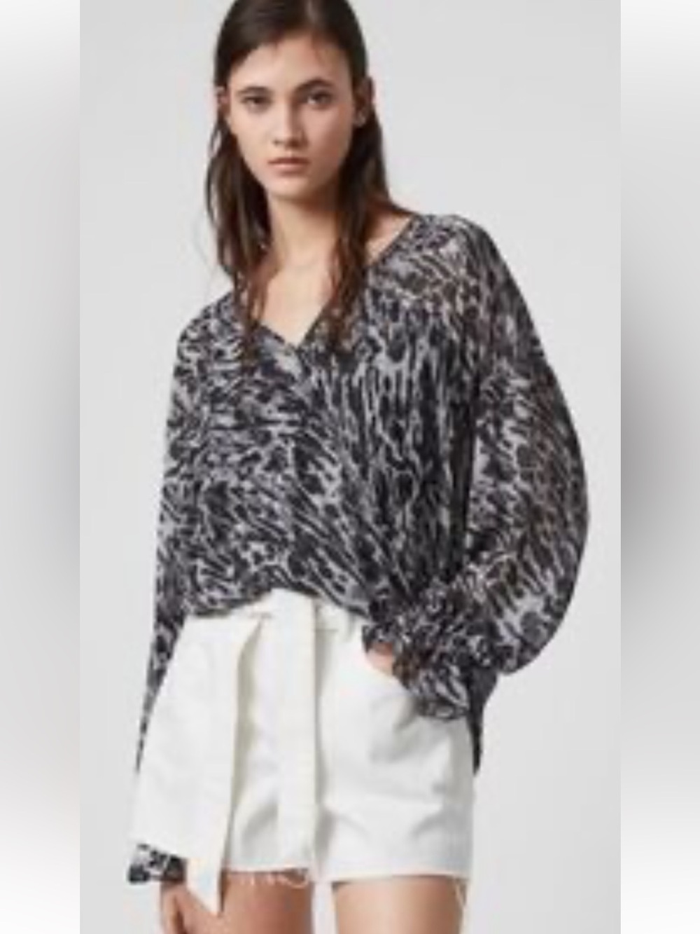 AllSaints Penny Ambient Top - Black and Gray Pattern Oversized XS